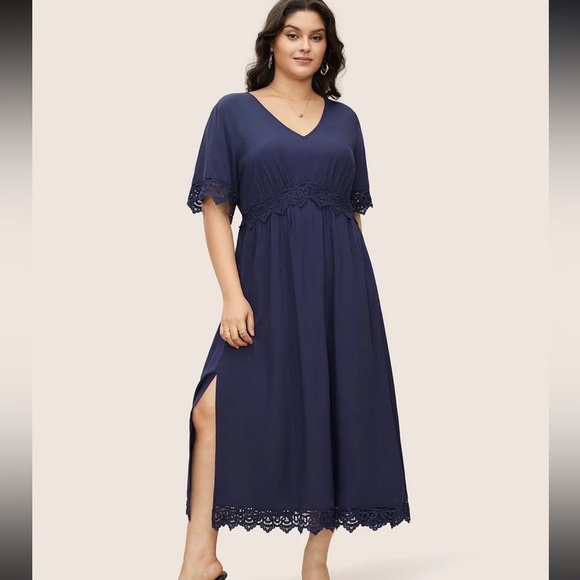 BloomChic Plus Size Solid Lace Panel Elastic Waist Split Hem Dress - Picture 3 of 7